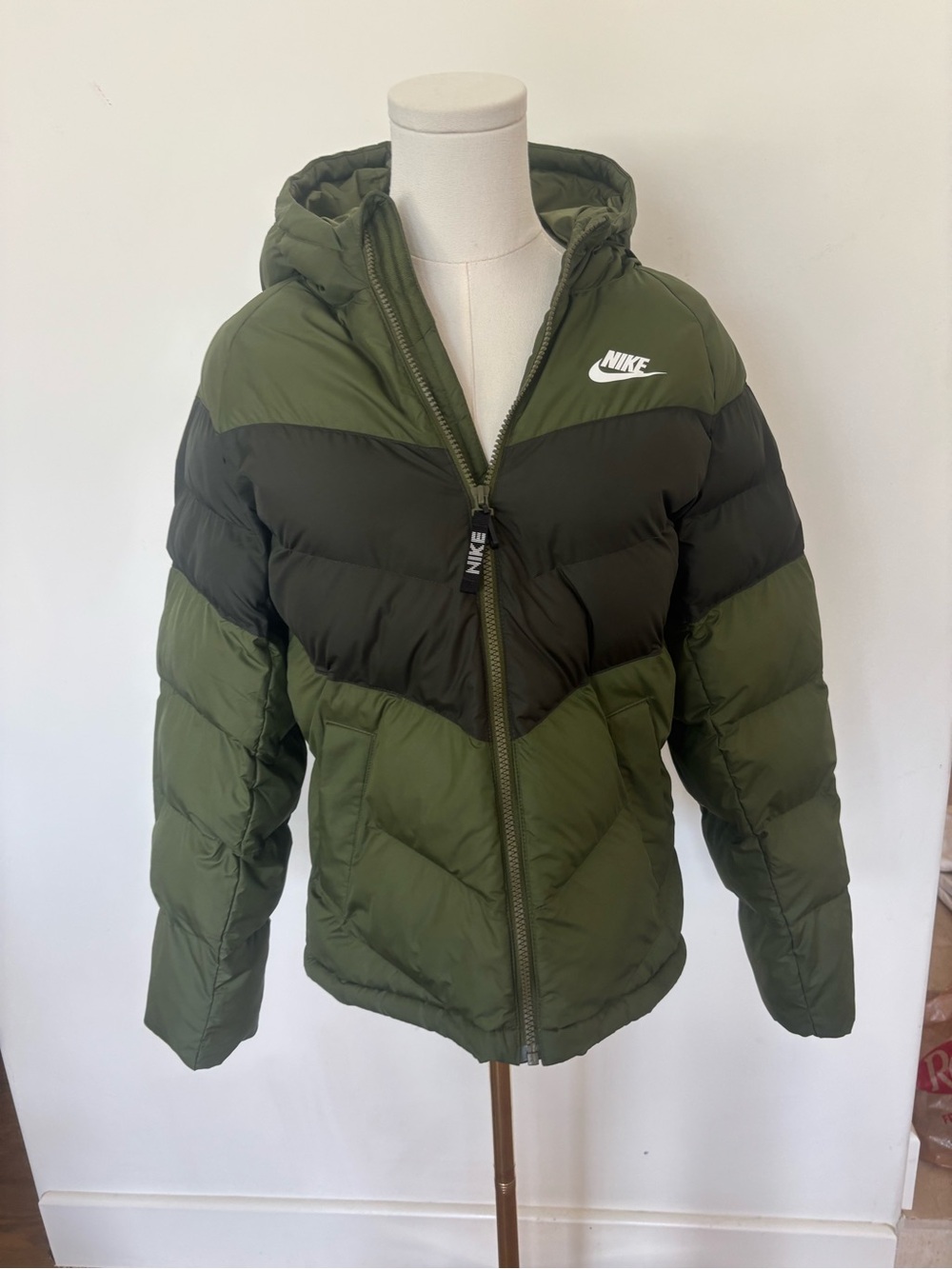 Nike Kids Hooded Puffer Jacket in Olive Green and Black